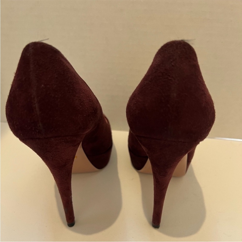 PRADA | Peep Toe Heels | Womens 38/8 Deep Burgundy Suede Platform Stiletto Pumps - Picture 7 of 8